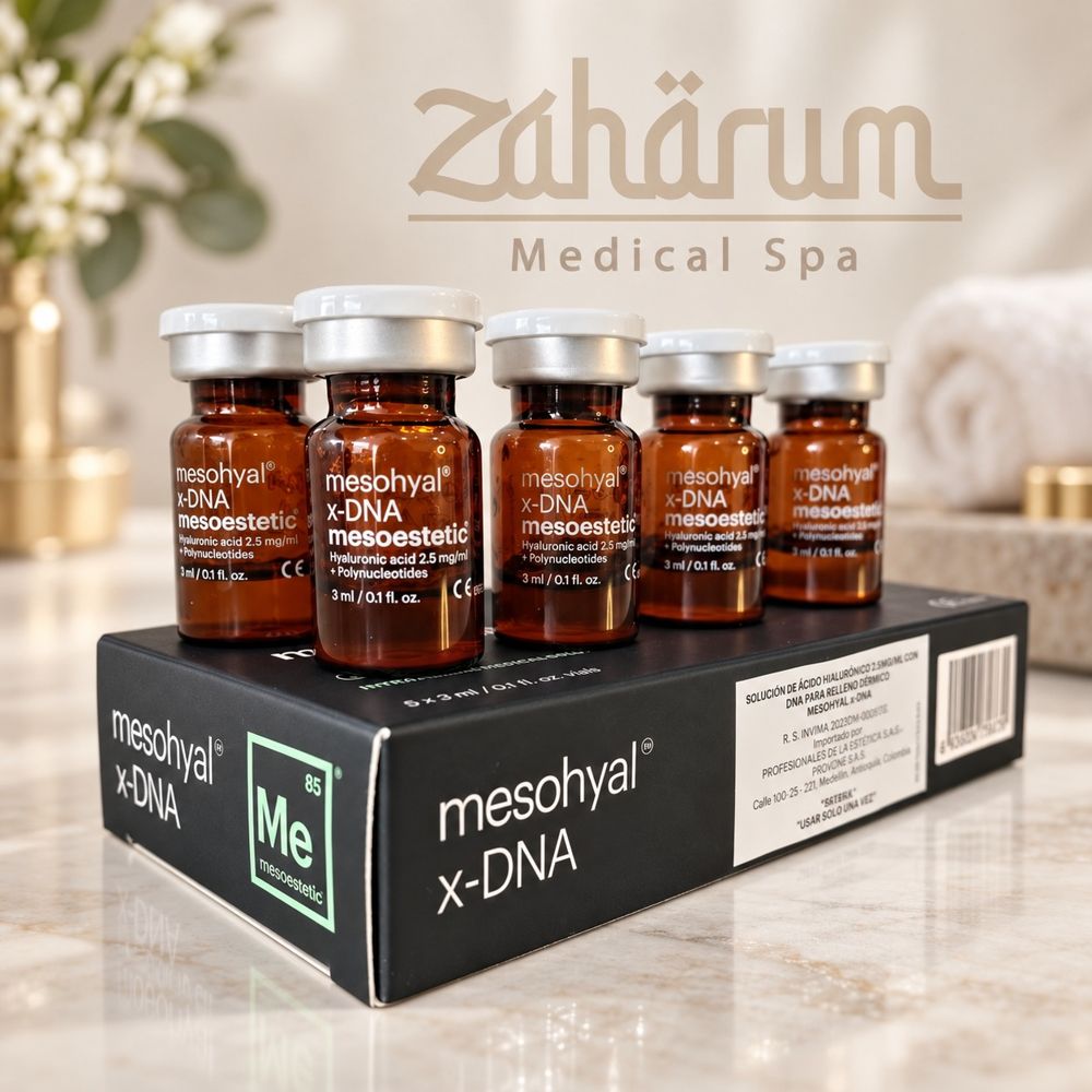 Viales de Mesohyal X-DNA de Mesoestetic con ADN de salmón y ácido hialurónico en Zaharum Medical Spa