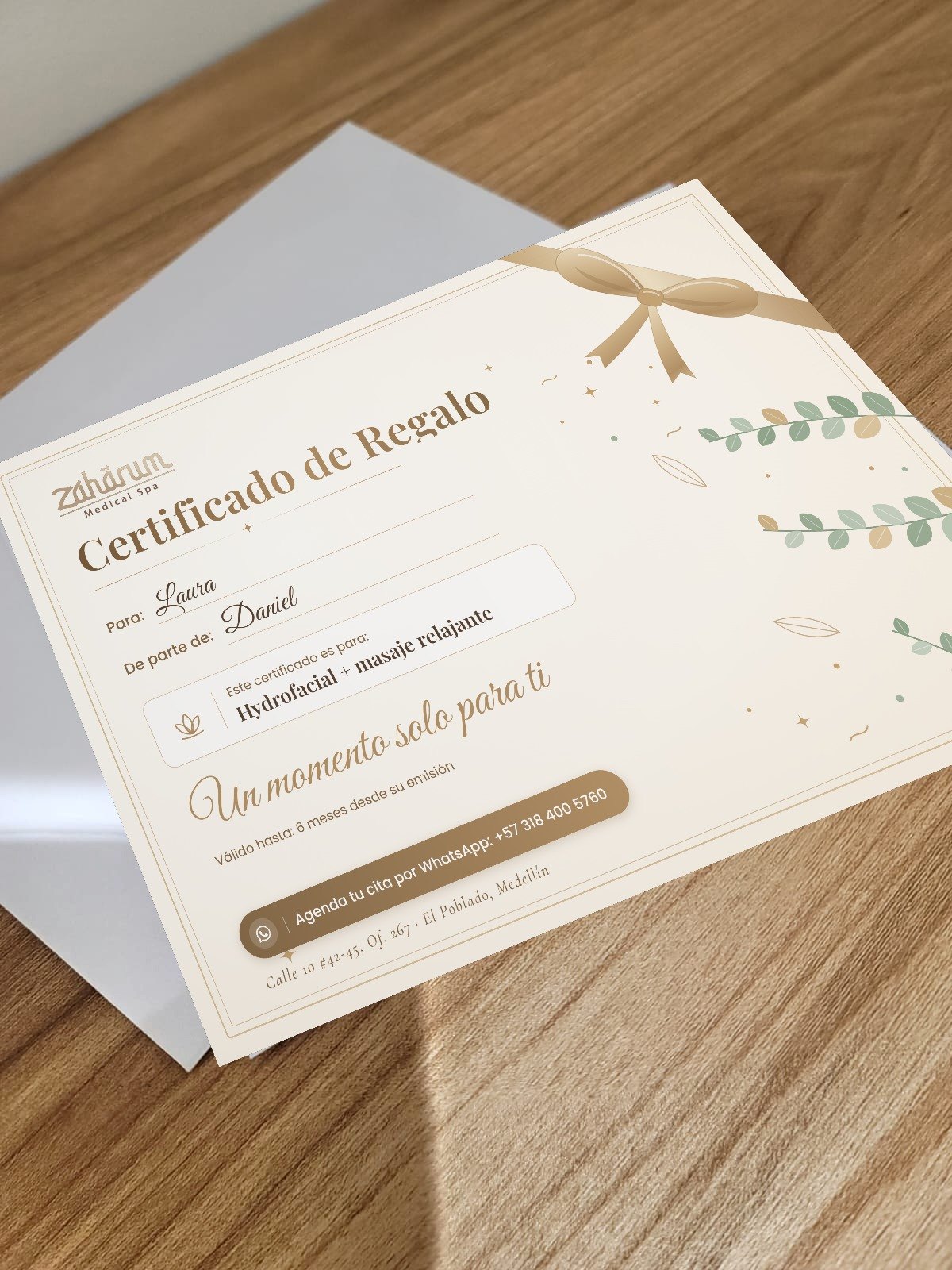 Certificado de regalo de Zaharum Medical Spa en Medellín